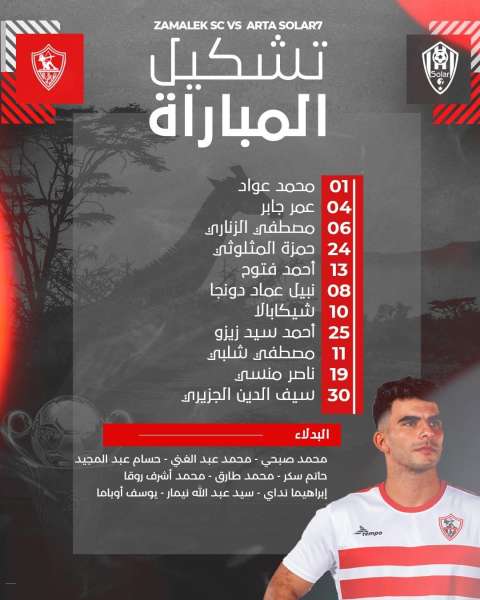 عاجل| تشكيل الزمالك في مواجهة ارتا سولار